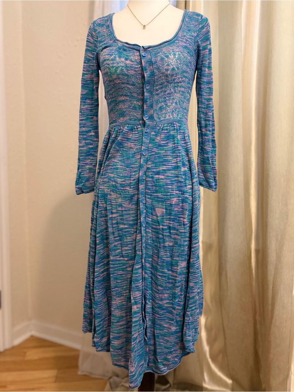 Blue Multi-Color Long Sleeve Button-Front Knit Dress
